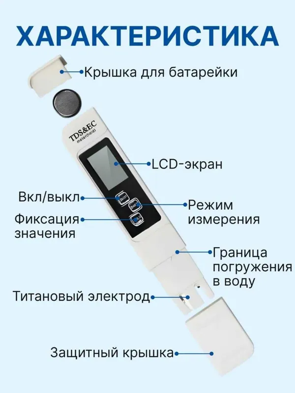 Тестер качества воды TSD EC Температура метр 3в1 Солемер, кондуктометр — фото 3
