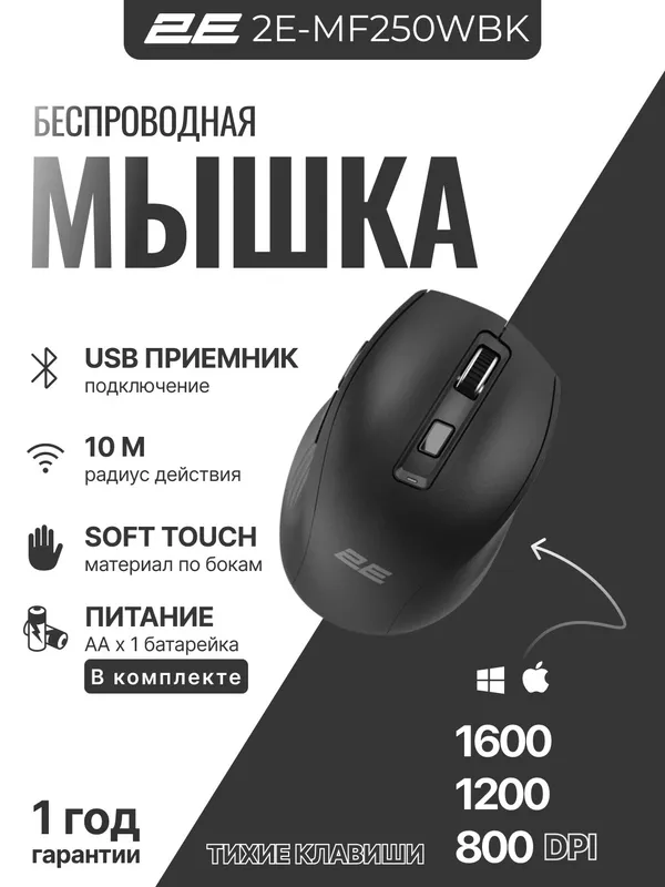 Беспроводная офисная мышка для ноутбука, компьютера 2Е MF250 WL, черный Беспроводная офисная мышка для ноутбука, компьютера 2Е MF250 WL, черный