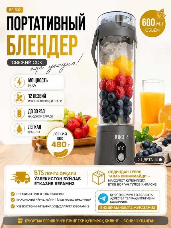 Портативный блендер 600 мл, беспроводной USB, 50W мини соковыжималка 2 Портативный блендер 600 мл, беспроводной USB, 50W мини соковыжималка 2