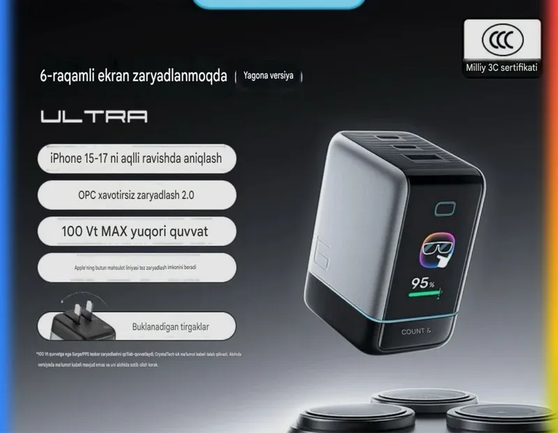 Cuktech 6 GaN Charger Ultra 100W Smart ekranli premium zaryadka — фото 1