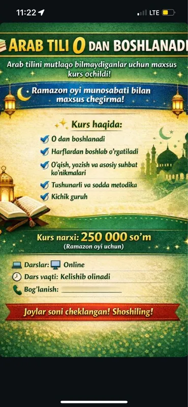 Ramazon oyida chegirma oson va qulay orgatiladi dars vaqti kelishiladi Ramazon oyida chegirma oson va qulay orgatiladi dars vaqti kelishiladi