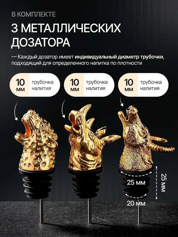 Подарочный набор насадок дозатор для бутылок, 3головы животных, гейзер — фото 3