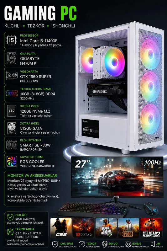 Kuchli Gaming (i5-11400F / RTX 1660 supper / 16GB RAM) Manitor 27
