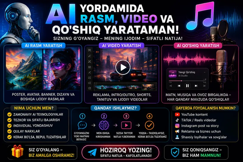 Создание изображений, видео и песен с помощью AI Создание изображений, видео и песен с помощью AI