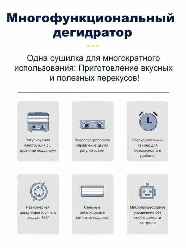 Сушилка для овощей и фруктов, дегидратор для мяса, 5 съемных поддонов, — фото 1