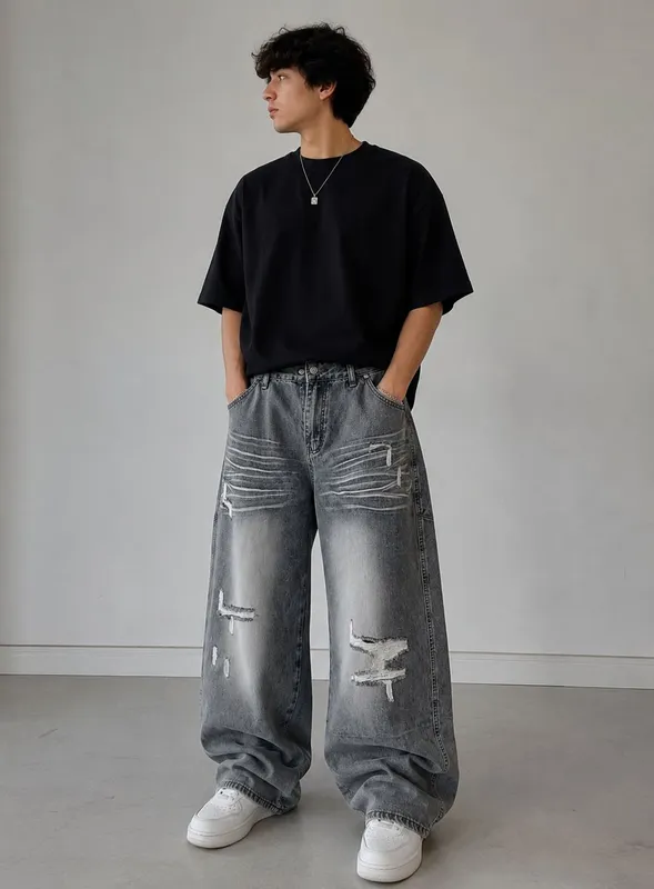 Серые Рванные Baggy Jeans 1