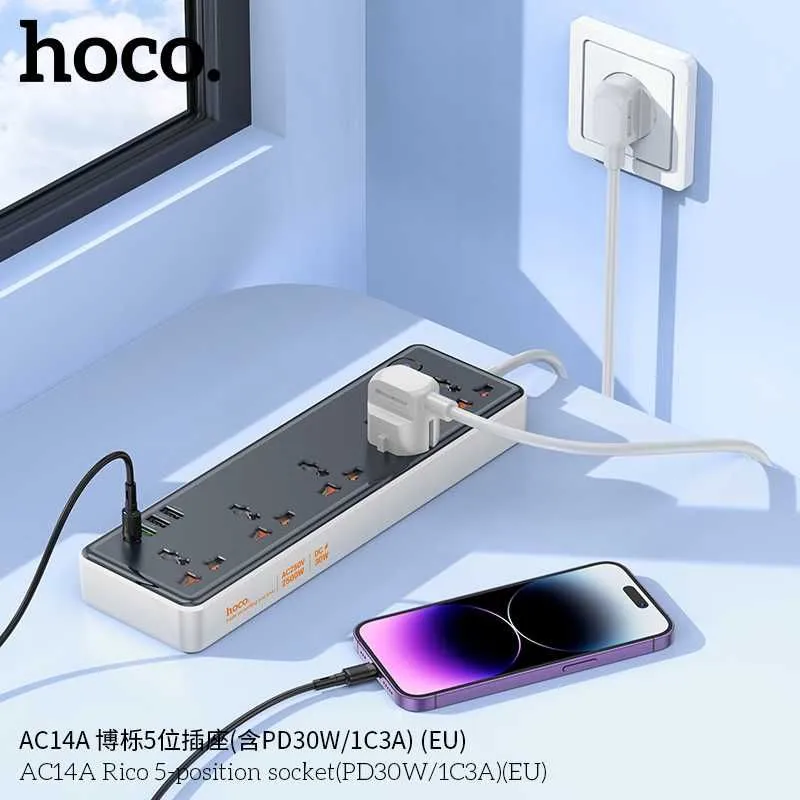 Hoco AC14A Rico Сетевой фильтр 5 розетками и USB-портами PD30W EU/GER