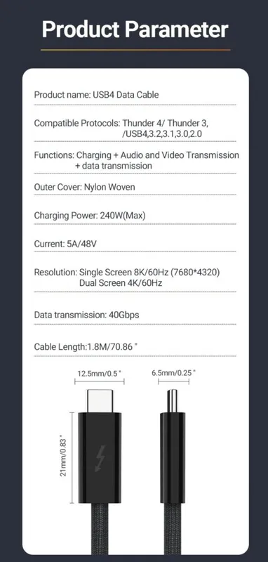 Кабель/ Kabel 240w Thunderbolt 4 1.8m 4