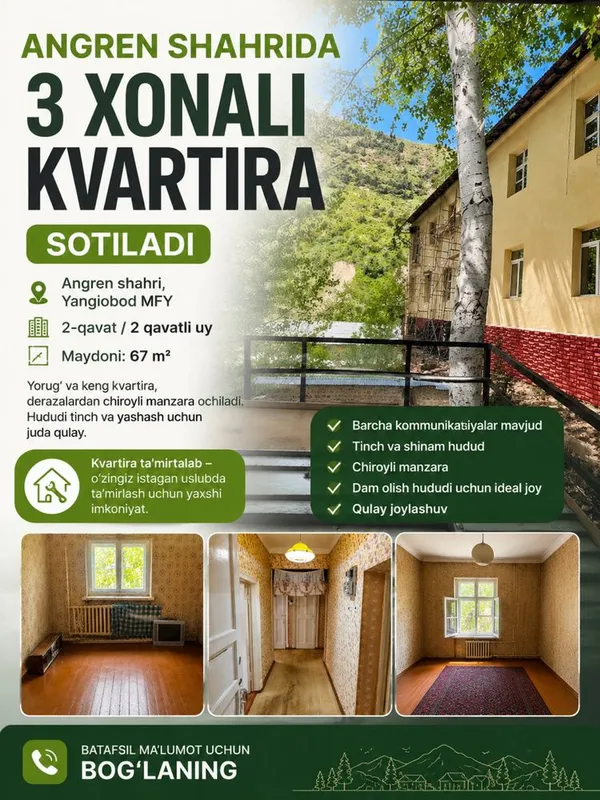 Angrenda 3 xonali kvartira — tezkor sotuv! 1