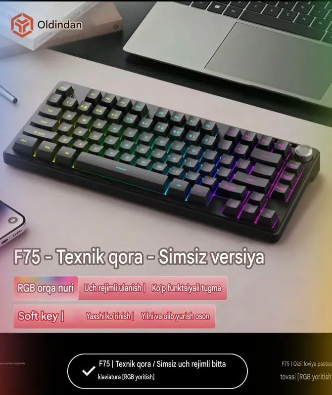 F75 [RGB]Simsiz klaviatura. 3 xil rejim. Mac + Win