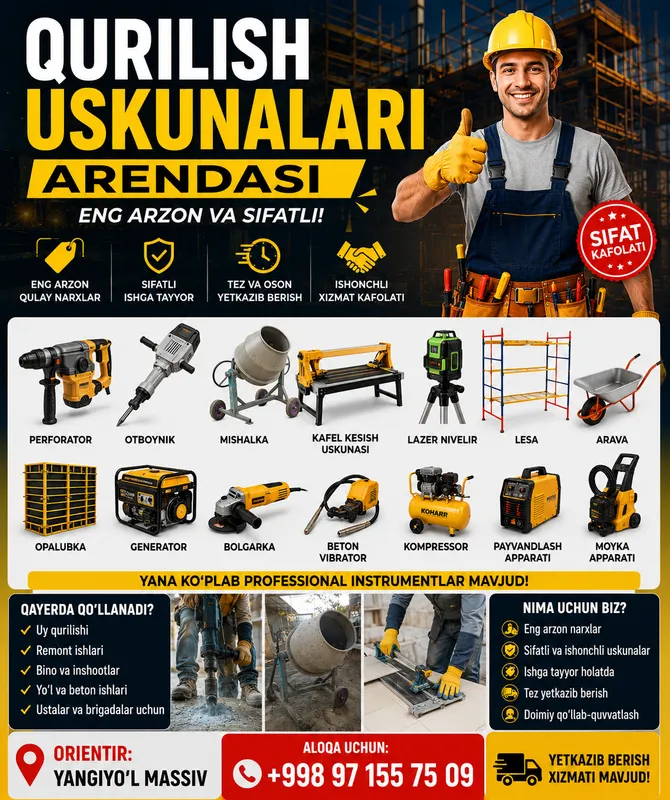 Arenda Insturment "Yangiyolda Texnika ijarasi" Arenda Insturment "Yangiyolda Texnika ijarasi"