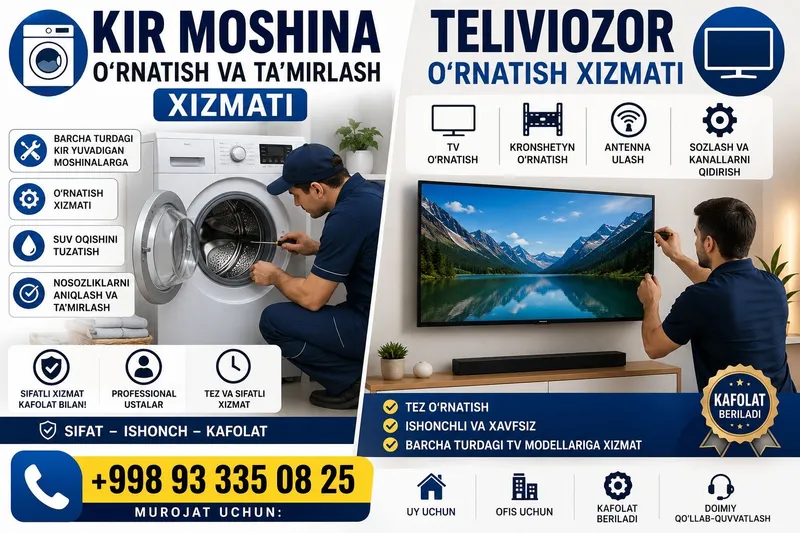 Kir yuvish mashinasi ta'mirlash va televizor o‘rnatish xizmati