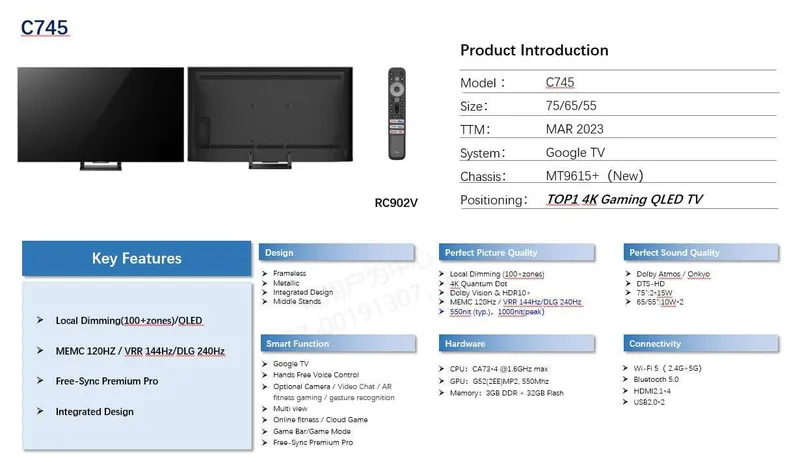 Телевизор TCL QLED 65C745, 164 см, Smart Google TV, 4K Ultra HD, 144 Гц, класс G