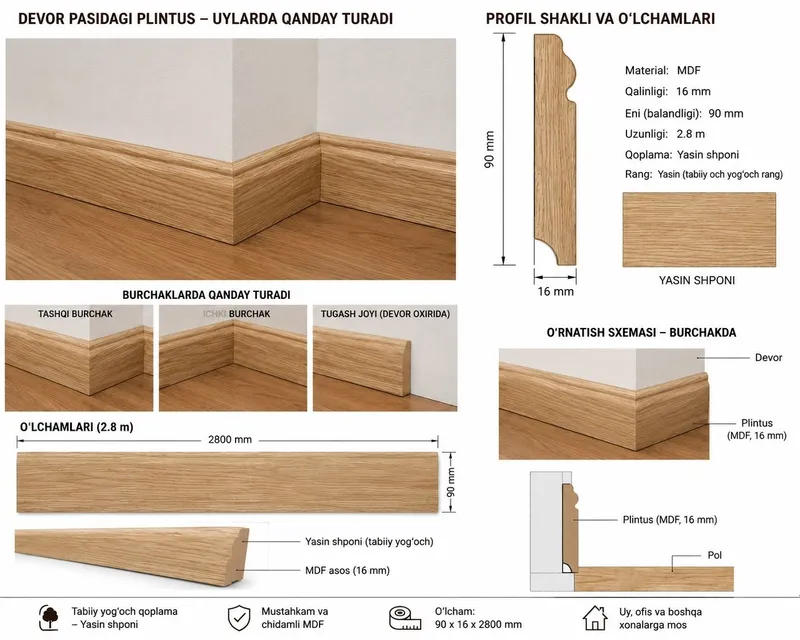 MDF ПЛИНТУС – ЯСИН Сифатли MDF плентус сотилади. Усти табиий — фото 3