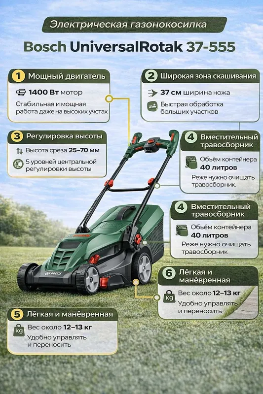 Электрическая газонокосилка Bosch UniversalRotak 37-555 Электрическая газонокосилка Bosch UniversalRotak 37-555