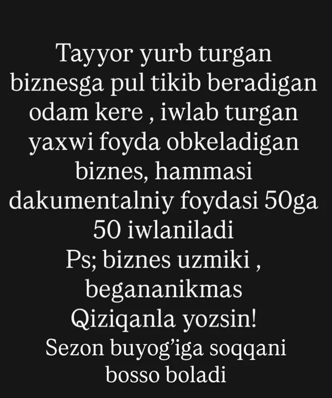 Tayyor yurb turgan biznesga pul tikib beradigan parknyor kerak Tayyor yurb turgan biznesga pul tikib beradigan parknyor kerak