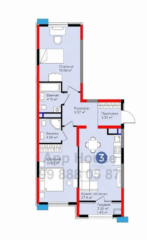 3-комнатная квартира в ЖК BI Sado (бизнес-класс), 68 м², 6/9 10