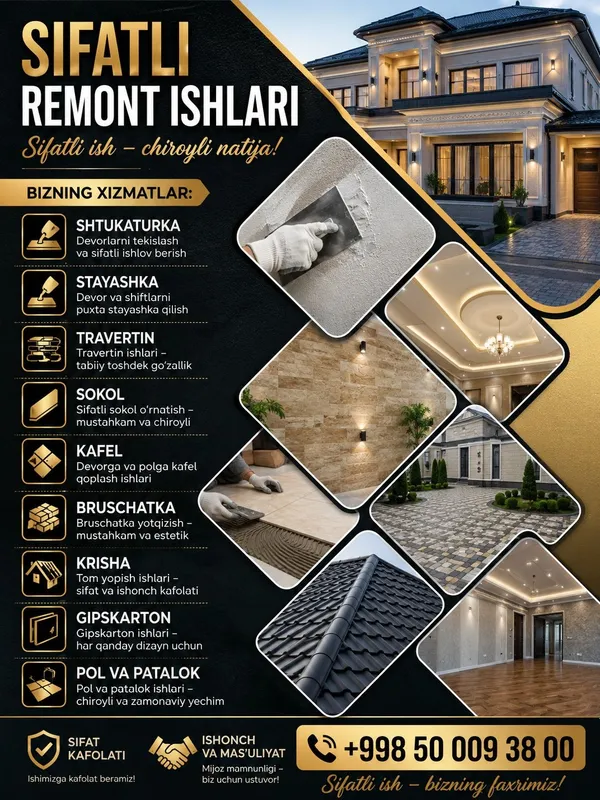 Remont ishlari tez va arzon siz istagan usulda Remont ishlari tez va arzon siz istagan usulda