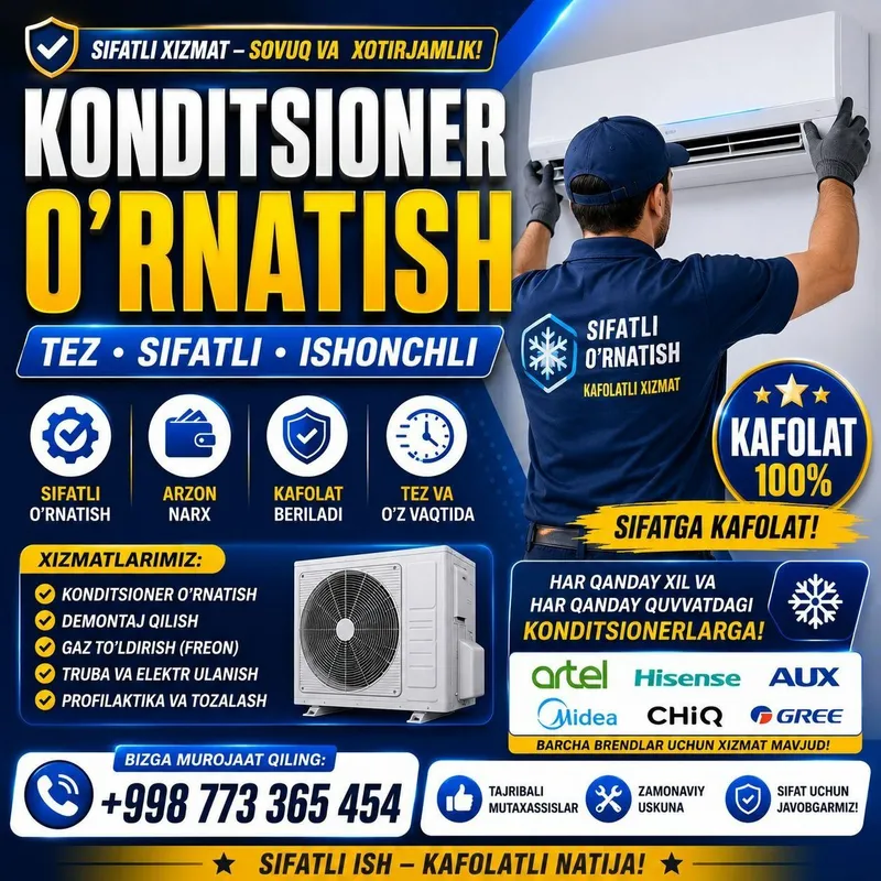 Konditsioner ustanovka qilamiz istalgan joyga ustanovka qilamiz