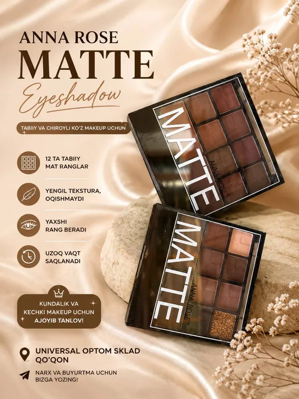 ANNA ROSE MATTE – tabiiy va nafis ko’z makiyaji uchun 12 rangli mat tenlar jamlanmasi