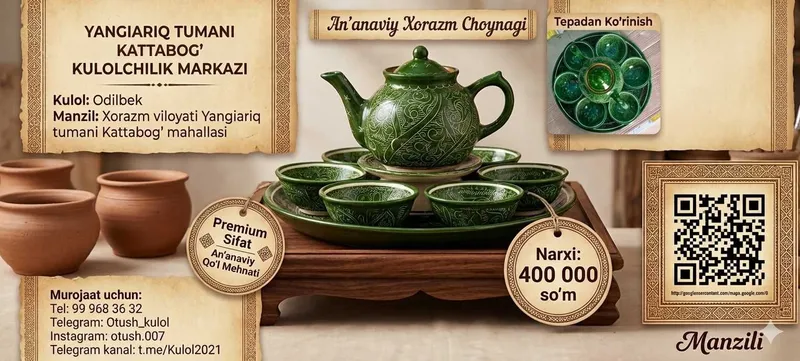 Yashil sopol choynak va piyolalar to'plami