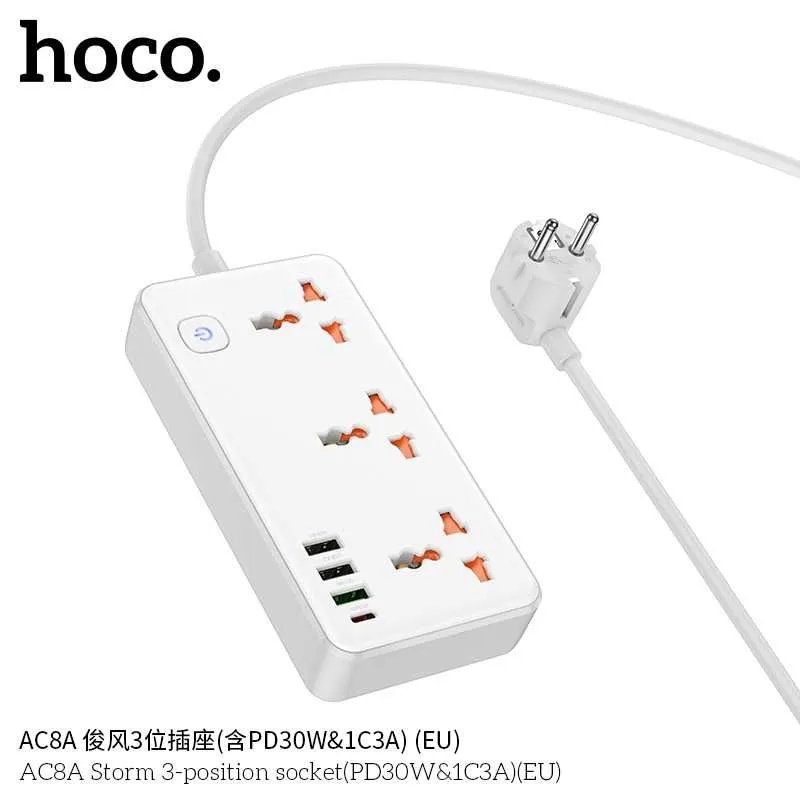 Hoco AC8A Storm Сетевой фильтр 3 розетками и USB-портами PD30W EU/GER — фото 5