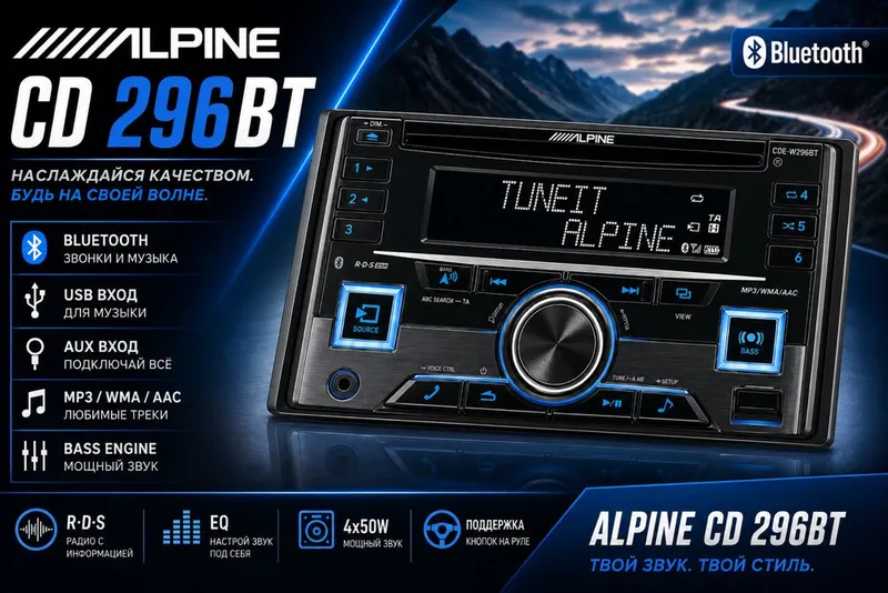 Alpine CD 296BT — мощный звук и стиль в каждой поездке!