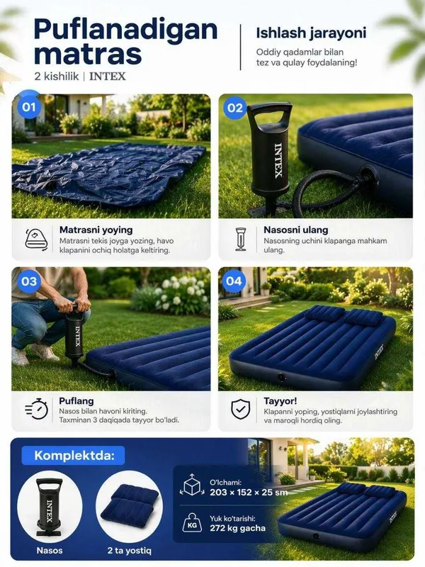Ikki kishilik puflanadigan matras Intex nasos va yostiqlar,203×152 sm — фото 3 Ikki kishilik puflanadigan matras Intex nasos va yostiqlar,203×152 sm — фото 3