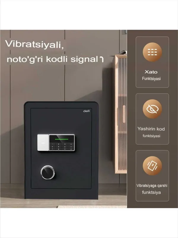 Seyf Deli ET551 450x380x320 elektron qulf + kalit, qora, 22 kg 2 Seyf Deli ET551 450x380x320 elektron qulf + kalit, qora, 22 kg 2