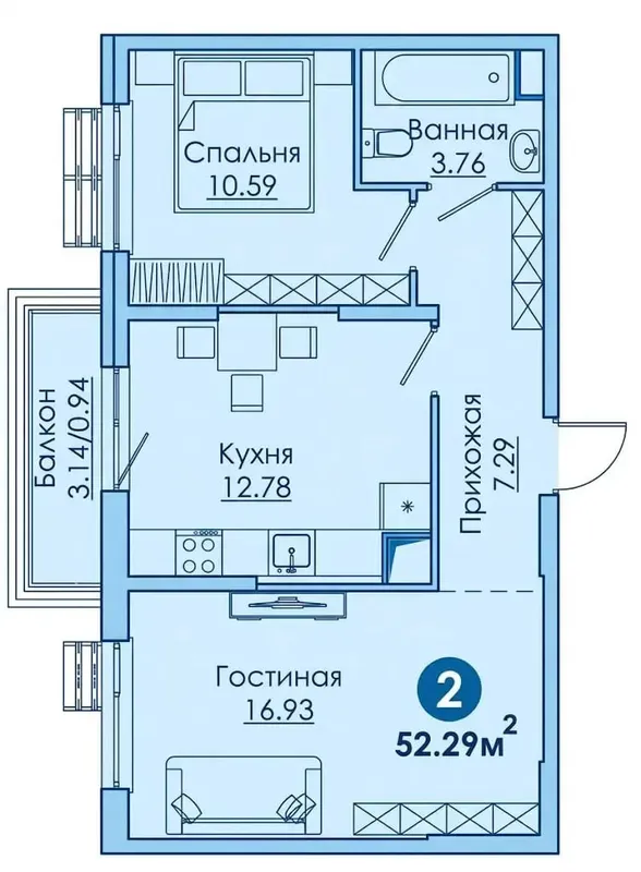 2-комнатная квартира, 52,26 м², 4/13, ЖК Greenvich, Мирабадский район — фото 1