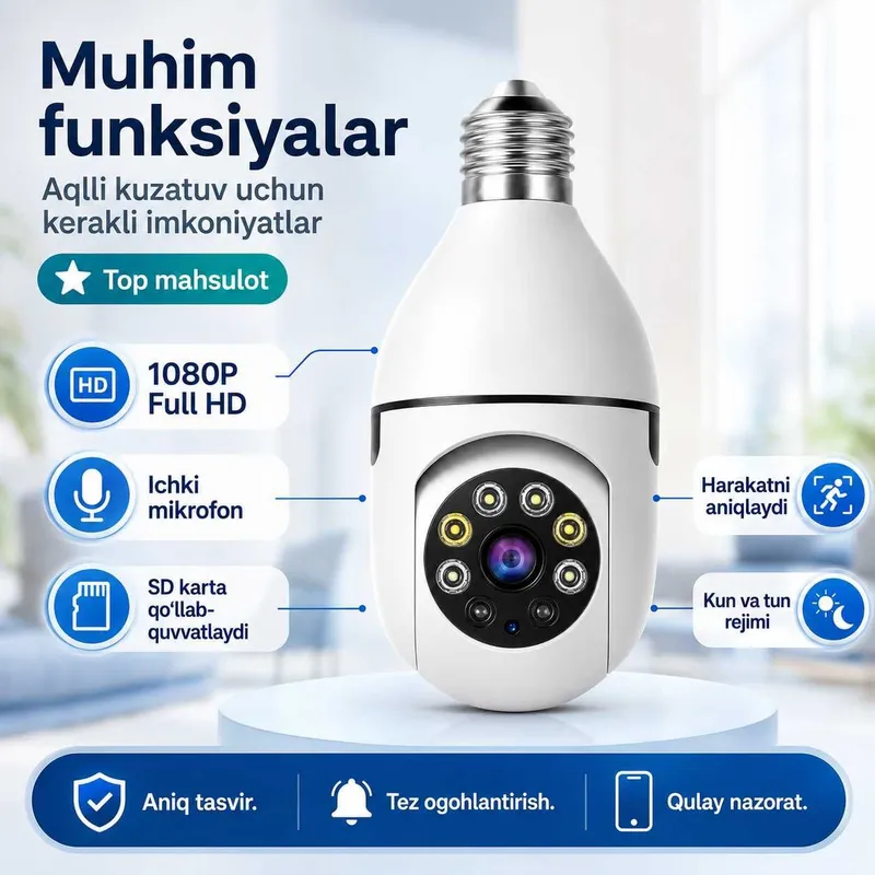 Wi-Fi lampochka kamera — uy va ofis xavfsizligi uchun aqlli yechim 3 Wi-Fi lampochka kamera — uy va ofis xavfsizligi uchun aqlli yechim 3
