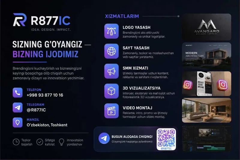 Professional logo, banner, website va branding xizmatlari.