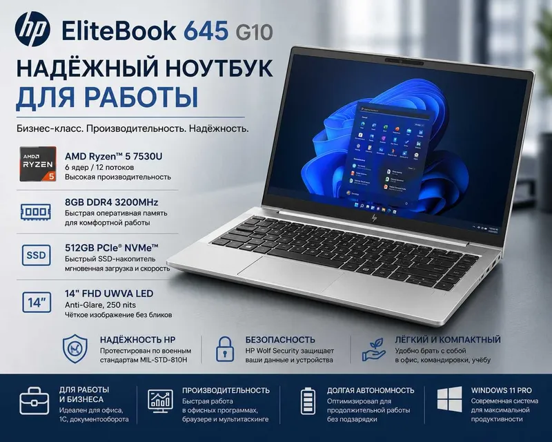 HP EliteBook 645 G10/ Ryzen 5/ 8GB/ 512GB SSD/ 14" FHD/ Гарантия 1 год
