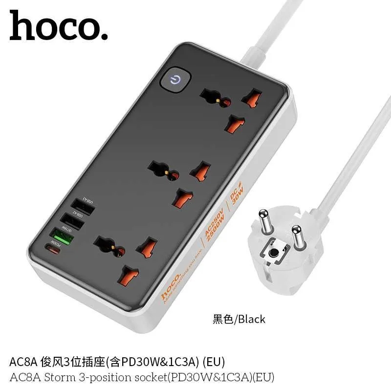 Hoco AC8A Storm Сетевой фильтр 3 розетками и USB-портами PD30W EU/GER — фото 3
