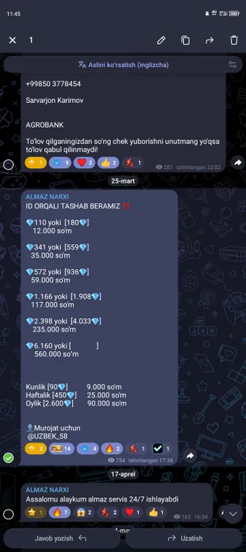 almaz xizmati yana ham arzon qilib beramiz almaz xizmati yana ham arzon qilib beramiz