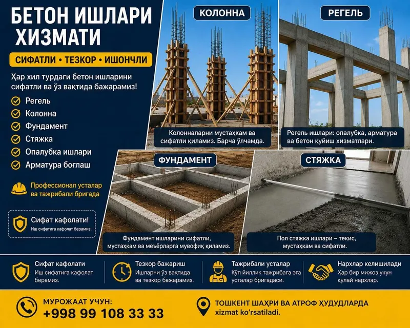 Регель, колонна, фундамент, стяжка қиламиз.