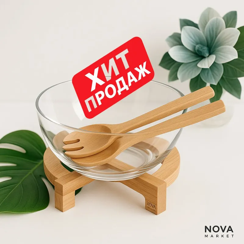 Салатница стеклянная с деревянной подставкой 1 Салатница стеклянная с деревянной подставкой 1