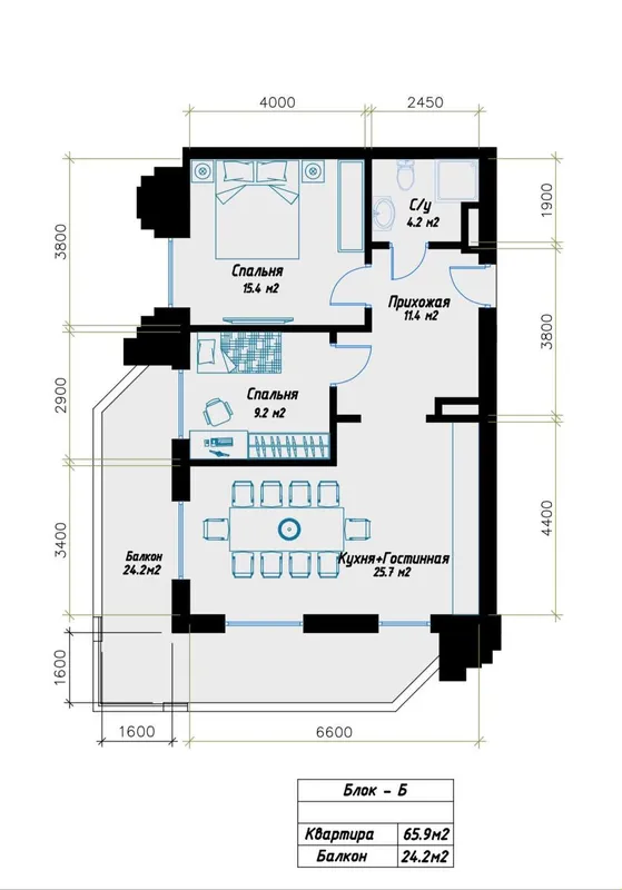 3-комнатная квартира в ЖК Sapphire Terrace, white box, балкон 4