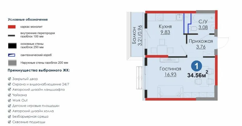 1-комнатная квартира, ЖК NRG Meros, 1/3/10