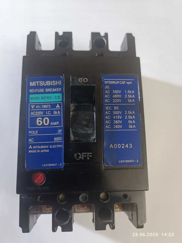Электро автомат Mitsubishi No-Fuse NF60-CS 60 AMP 600VAC 3 POLE Электро автомат Mitsubishi No-Fuse NF60-CS 60 AMP 600VAC 3 POLE