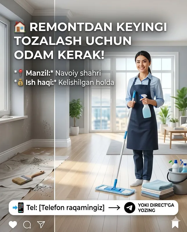 Remontdan keyin uyni tozalash uchun ayollar kerak