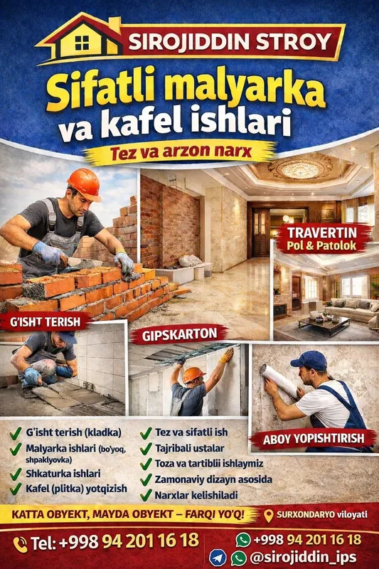 Sifatli qurilish va remont ishlari xizmatlari: