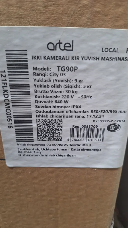 kir yuvish mashinasi 9kg Artel 1