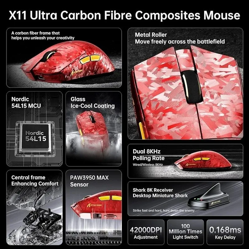 [Мишка] ATTACK SHARK X11 ULTRA Carbon Fiber Wireless 8K PAW3950MA — фото 3