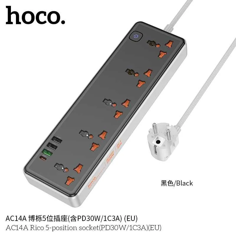 Hoco AC14A Rico Сетевой фильтр 5 розетками и USB-портами PD30W EU/GER — фото 3
