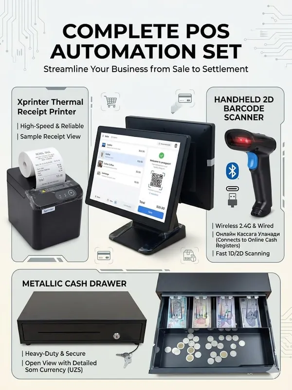 POS kassaga mo‘ljallangan komplekt (monoblok + чек printer + 2D skaner + metall pul qutisi)