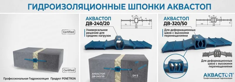 Гидроизоляция швов Шпонка АКВАСТОП ДВ-150/18 ДВ-240/20 ДВ-320/50 20п.м