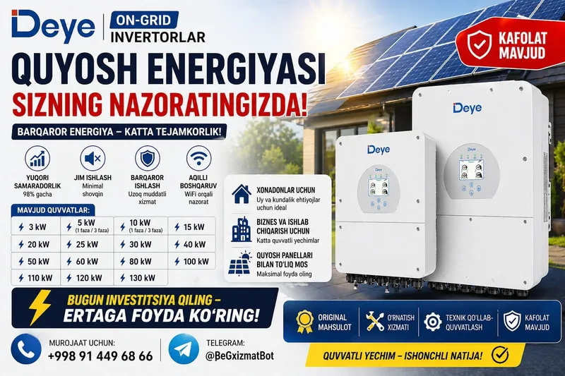 Deye On Grid Invertorlar 3-130Kw Original va O‘rnatib berish