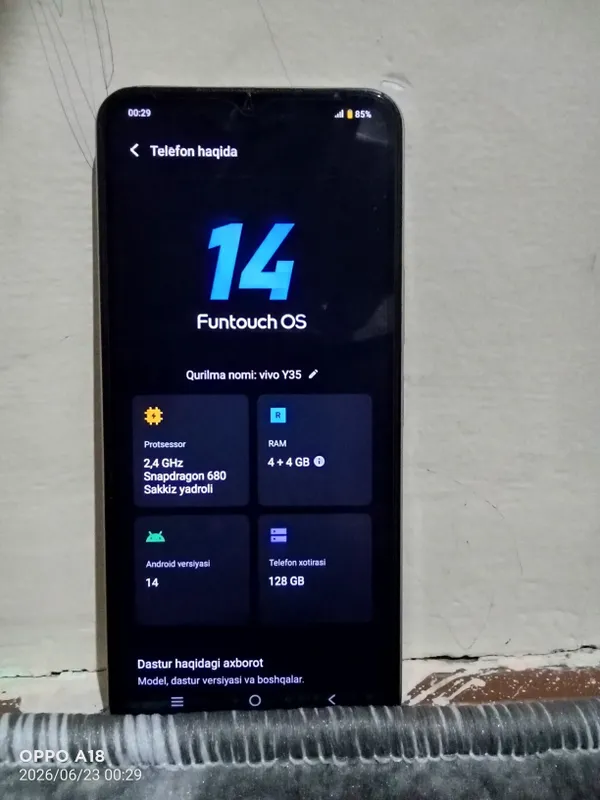 VIVO Y35 14FUNTOUCH OS Android versiyasi 14