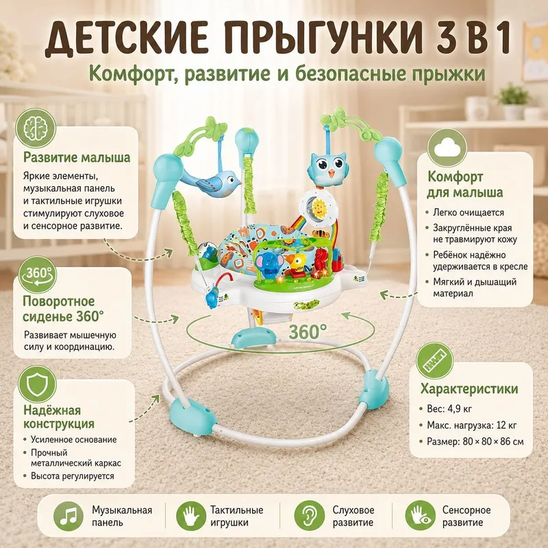 Детские прыгунки 3 в 1, музыкальный игровой центр 360° 3